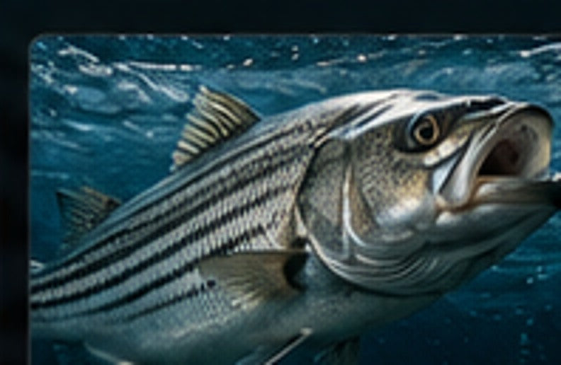Cinematic striped bass underwater artwork for Psycho Jigs homepage